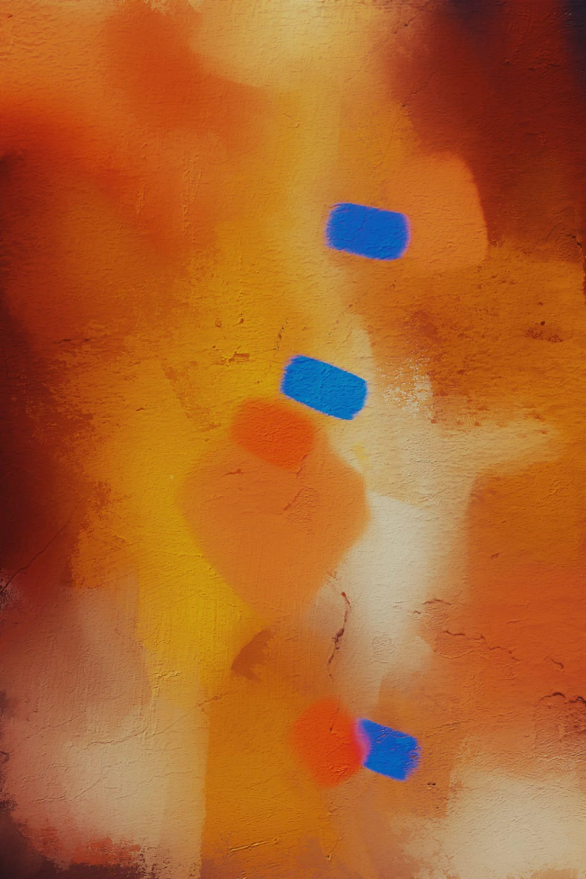 An orange abstract painting with blue accents offers a strong accent palette.
