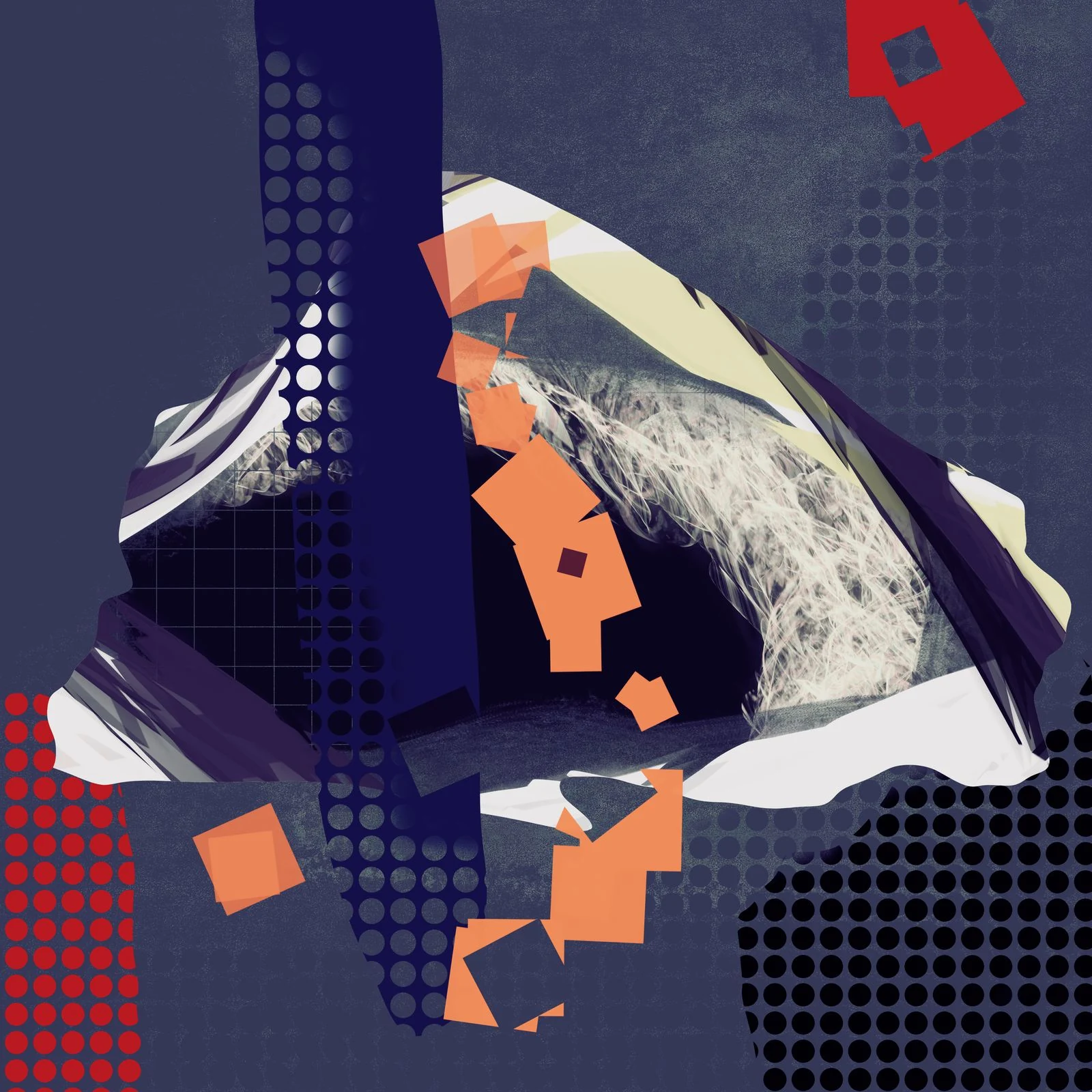 An abstract collage combines blue, purple, orange and white cut-paper forms.