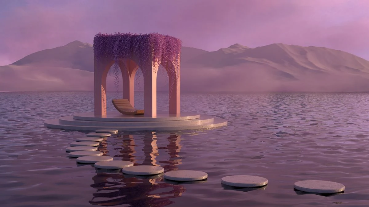 A digital fantasy scene shows an arched pavilion and stepping stones on violet water beneath distant mountains.